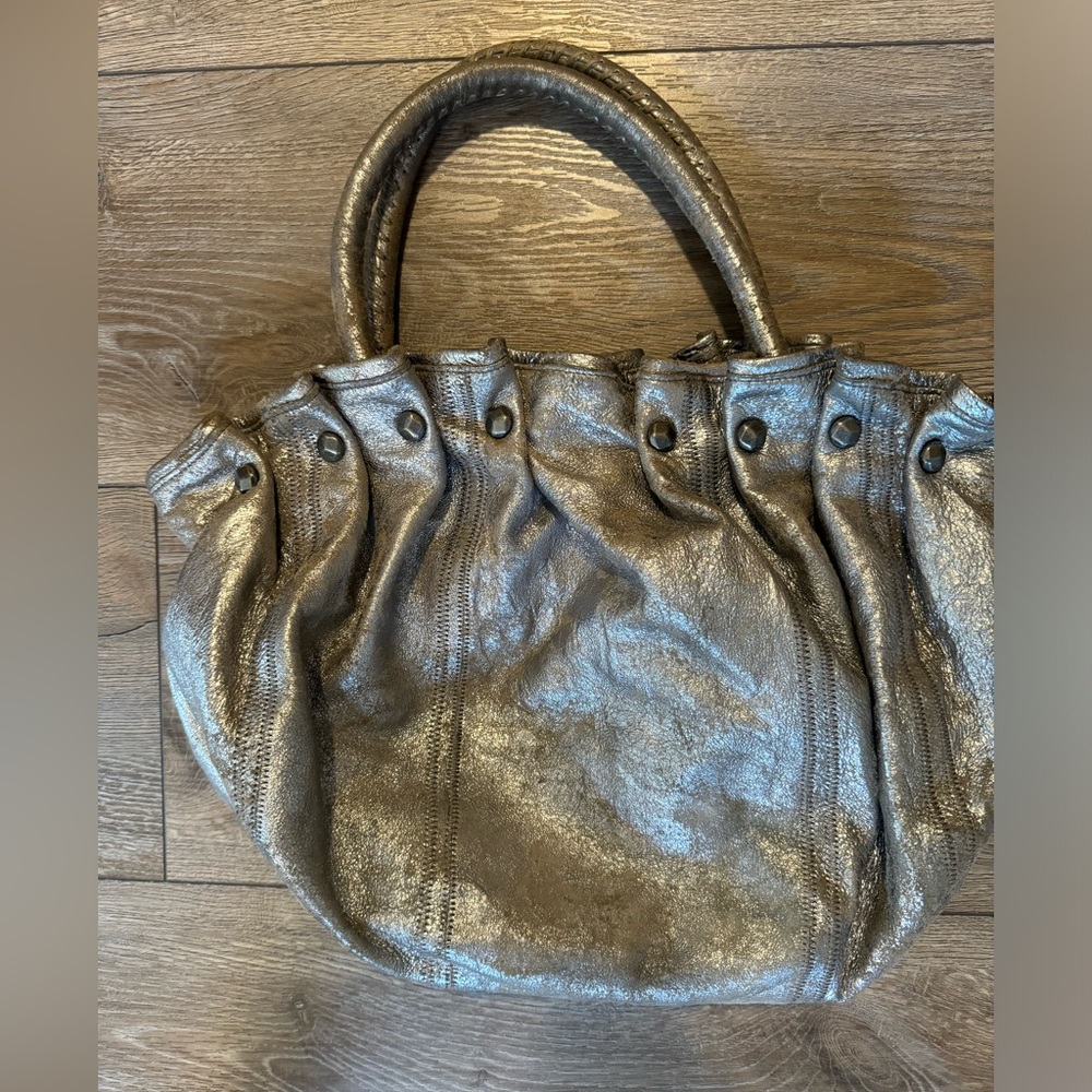 7 For All Mankind Leather Shoulder Hobo Handbag Bag in Silver Metallic EUC
